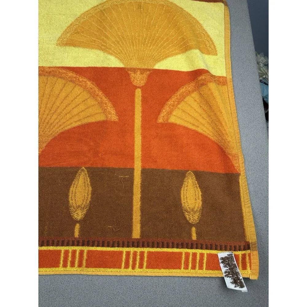 Vtg Core d’Azur Beach Towel Retro Palm Fan Leaf Egyptian Orange Yellow 29x52”
